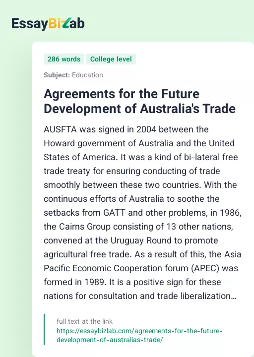 Agreements for the Future Development of Australia's Trade - Essay Preview