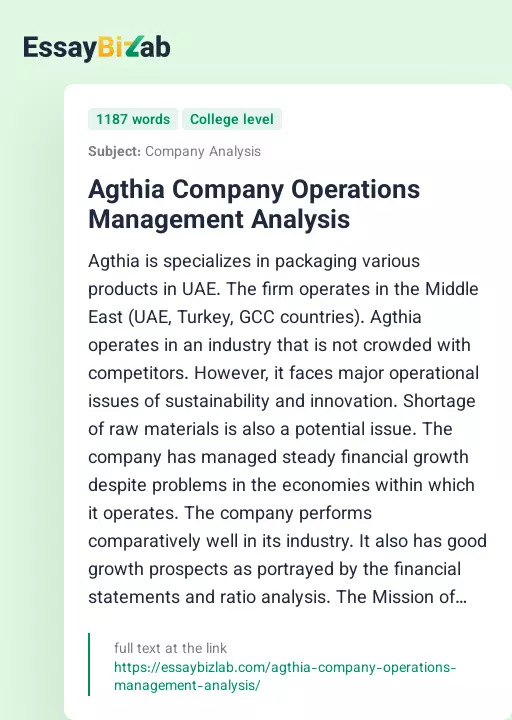Agthia Company Operations Management Analysis - Essay Preview