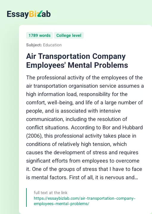 Air Transportation Company Employees' Mental Problems - Essay Preview