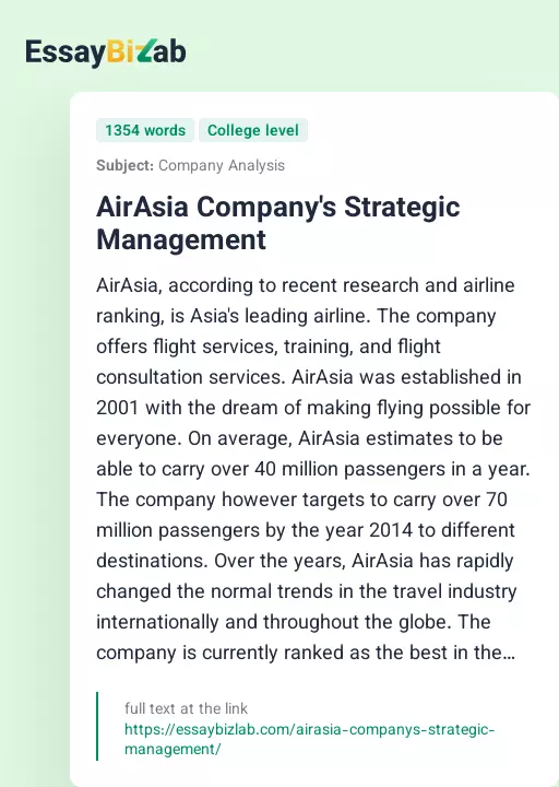 AirAsia Company's Strategic Management - Essay Preview