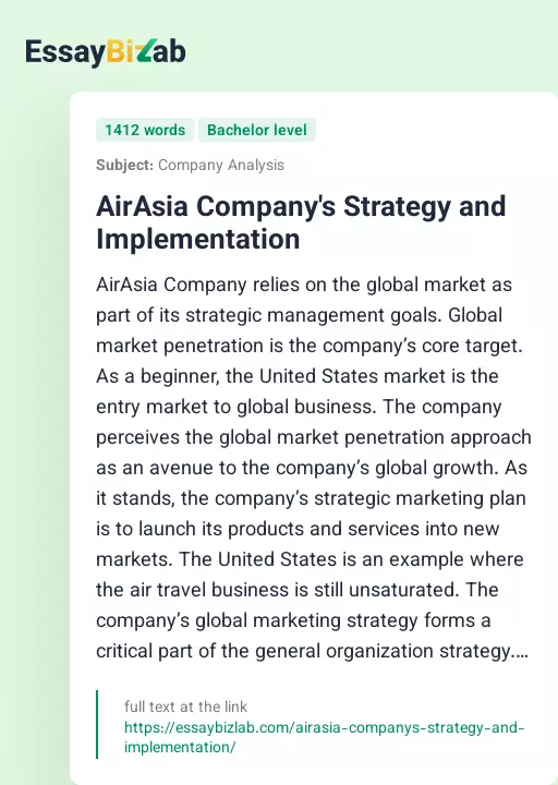 AirAsia Company's Strategy and Implementation - Essay Preview