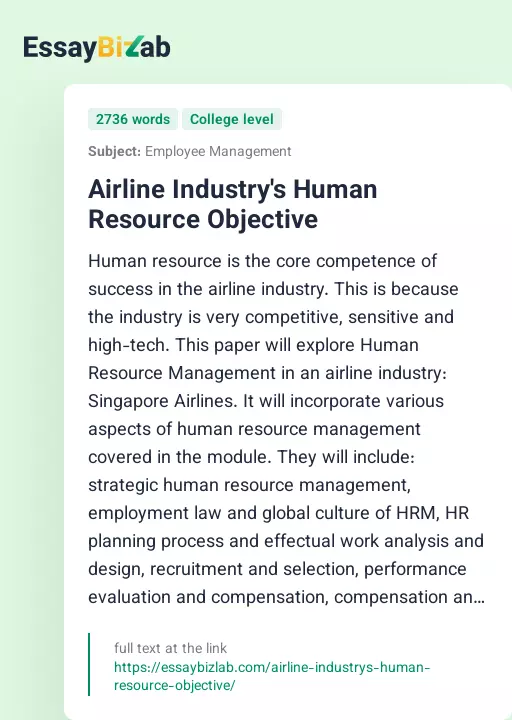 Airline Industry's Human Resource Objective - Essay Preview