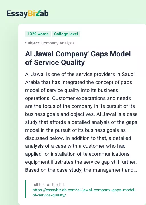 Al Jawal Company' Gaps Model of Service Quality - Essay Preview
