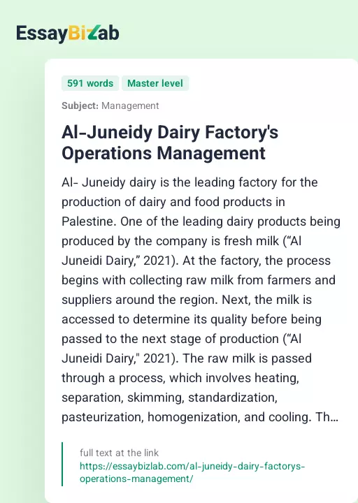 Al-Juneidy Dairy Factory's Operations Management - Essay Preview