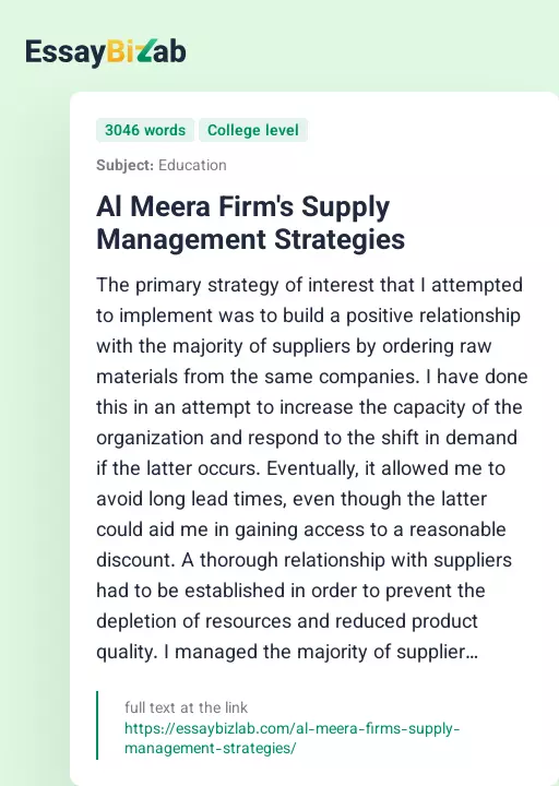Al Meera Firm's Supply Management Strategies - Essay Preview