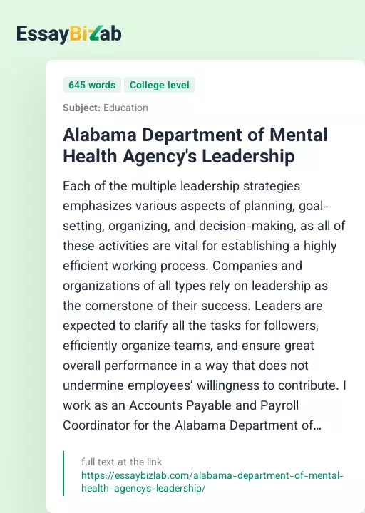 Alabama Department of Mental Health Agency's Leadership - Essay Preview