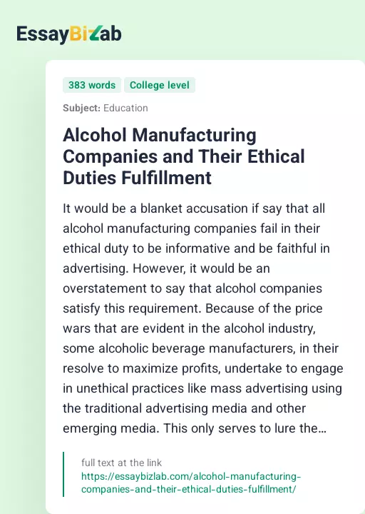 Alcohol Manufacturing Companies and Their Ethical Duties Fulfillment - Essay Preview