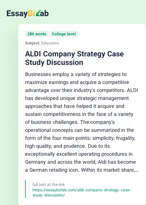 ALDI Company Strategy Case Study Discussion - Essay Preview