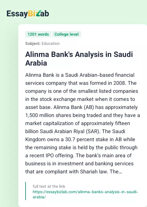 Alinma Bank's Analysis in Saudi Arabia - Essay Preview