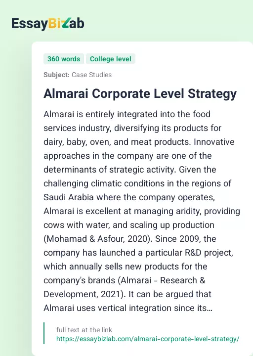 Almarai Corporate Level Strategy - Essay Preview