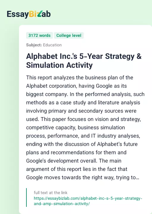 Alphabet Inc.'s 5-Year Strategy & Simulation Activity - Essay Preview