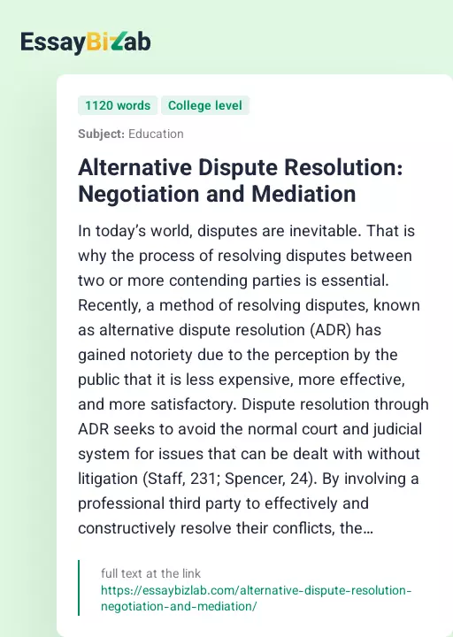 Alternative Dispute Resolution: Negotiation and Mediation - Essay Preview