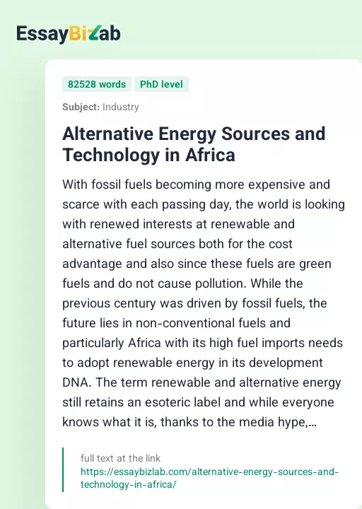 Alternative Energy Sources and Technology in Africa - Essay Preview