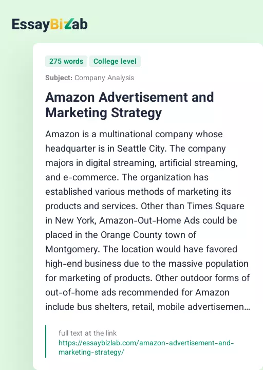 Amazon Advertisement and Marketing Strategy - Essay Preview
