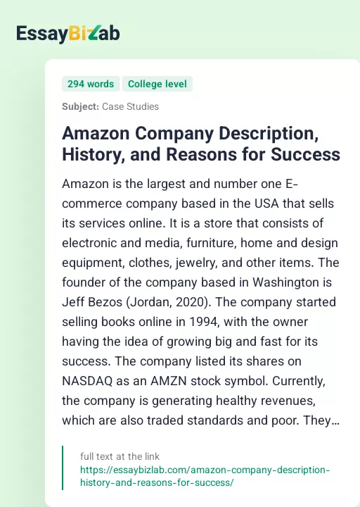 Amazon Company Description, History, and Reasons for Success - Essay Preview