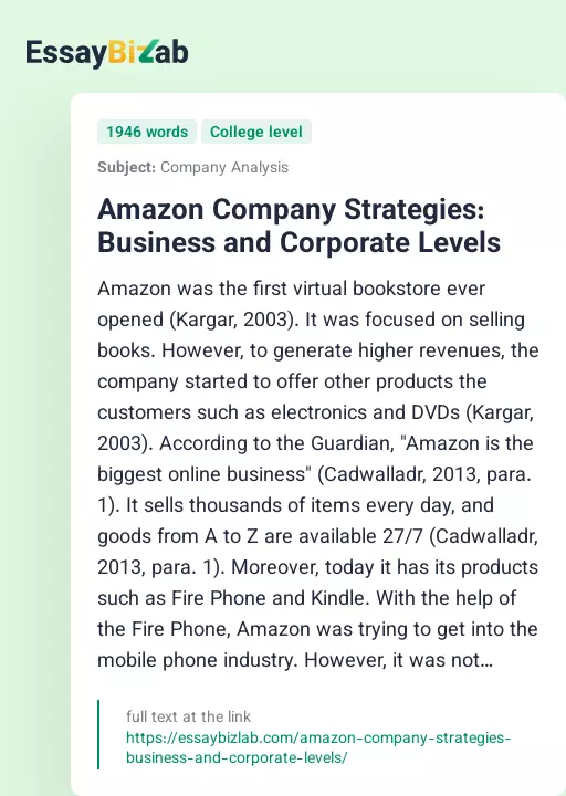 Amazon Company Strategies: Business and Corporate Levels - Essay Preview