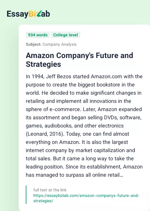 Amazon Company's Future and Strategies - Essay Preview