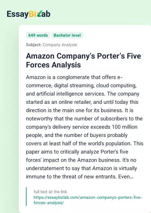 Amazon Company’s Porter’s Five Forces Analysis - Essay Preview