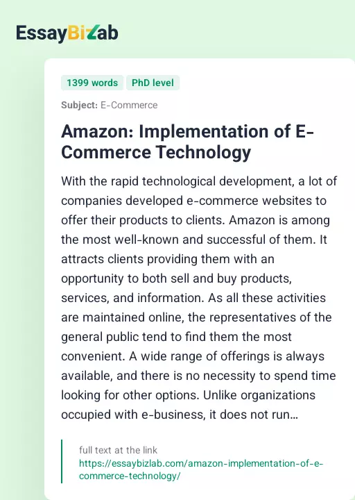 Amazon: Implementation of E-Commerce Technology - Essay Preview