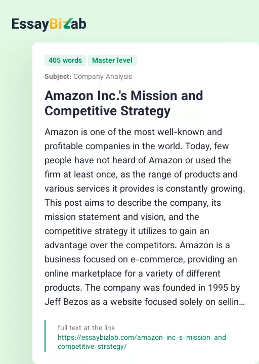 Amazon Inc.'s Mission and Competitive Strategy - Essay Preview