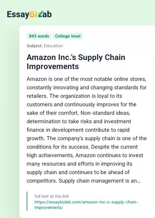 Amazon Inc.'s Supply Chain Improvements - Essay Preview