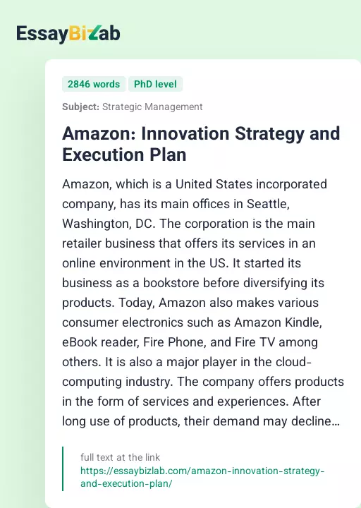Amazon: Innovation Strategy and Execution Plan - Essay Preview