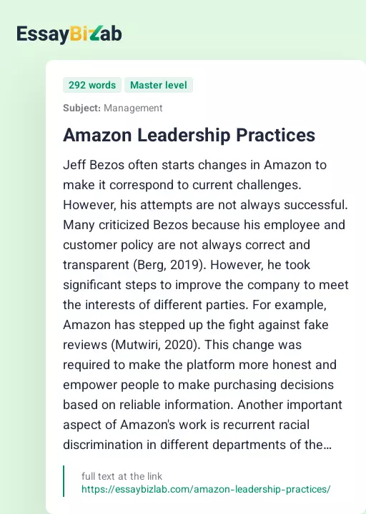 Amazon Leadership Practices - Essay Preview