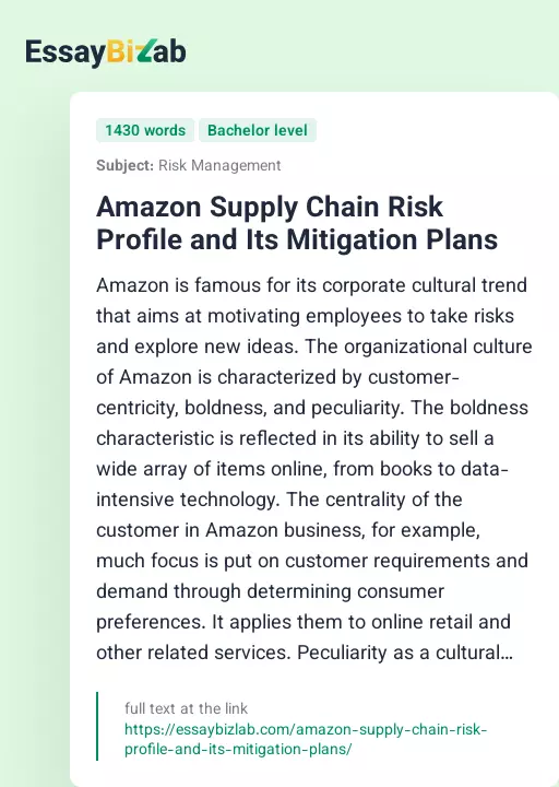 Amazon Supply Chain Risk Profile and Its Mitigation Plans - Essay Preview