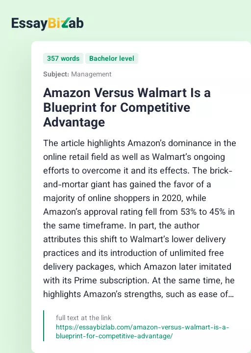 Amazon Versus Walmart Is a Blueprint for Competitive Advantage - Essay Preview