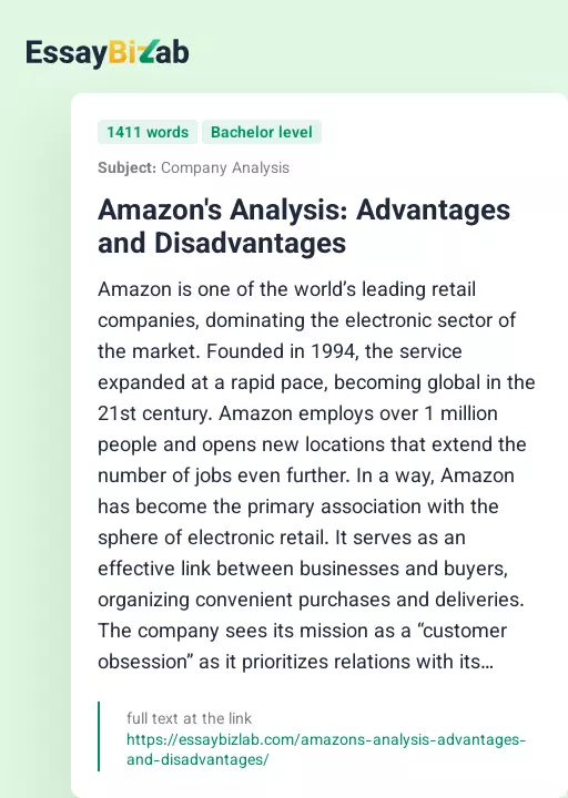 Amazon's Analysis: Advantages and Disadvantages - Essay Preview
