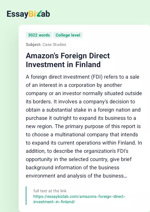 Amazon's Foreign Direct Investment in Finland - Essay Preview