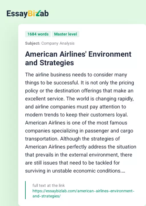 American Airlines' Environment and Strategies - Essay Preview