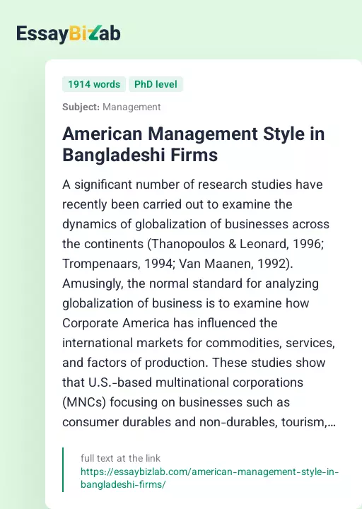 American Management Style in Bangladeshi Firms - Essay Preview