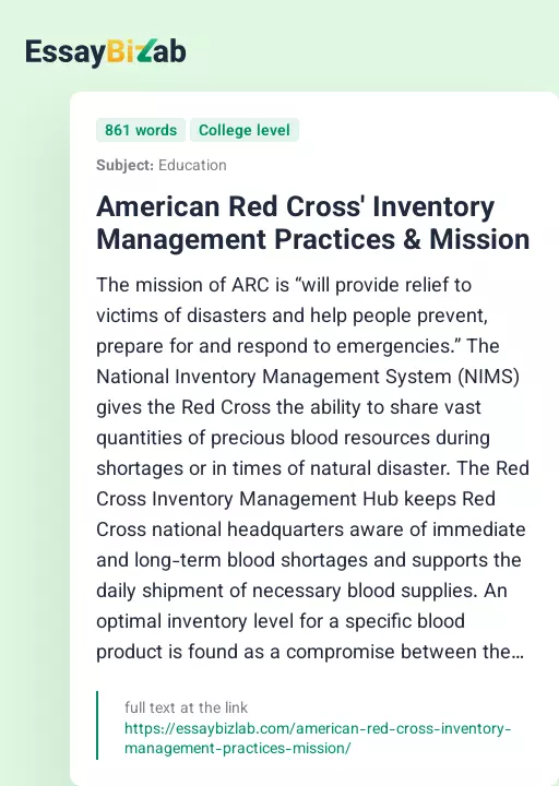 American Red Cross' Inventory Management Practices & Mission - Essay Preview