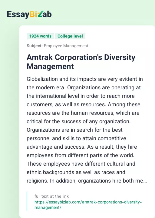 Amtrak Corporation's Diversity Management - Essay Preview