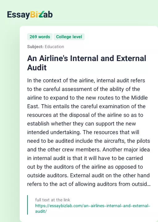 An Airline's Internal and External Audit - Essay Preview