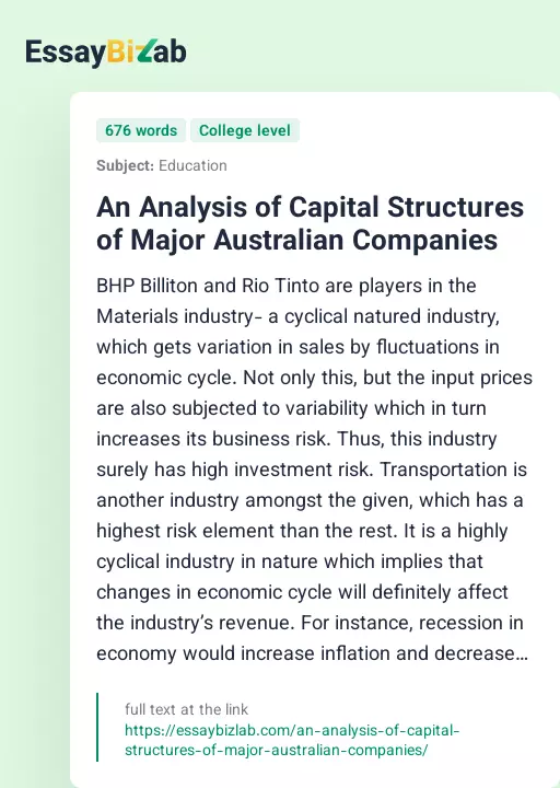 An Analysis of Capital Structures of Major Australian Companies - Essay Preview