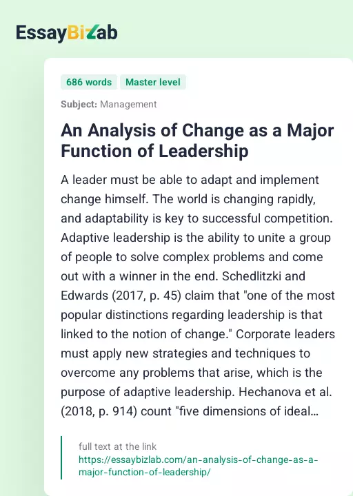 An Analysis of Change as a Major Function of Leadership - Essay Preview