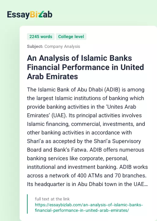 An Analysis of Islamic Banks Financial Performance in United Arab Emirates - Essay Preview