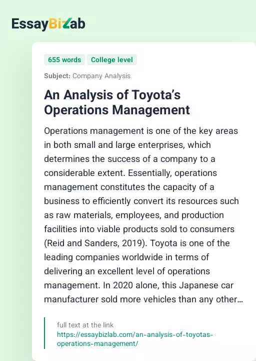 An Analysis of Toyota’s Operations Management - Essay Preview