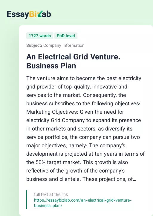 An Electrical Grid Venture. Business Plan - Essay Preview