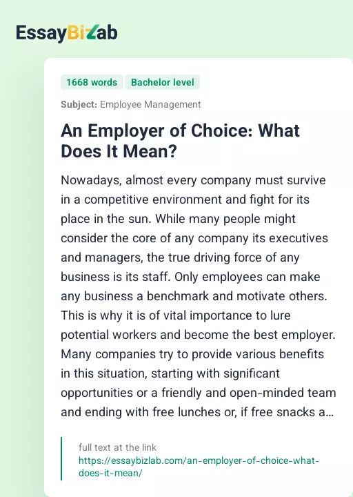 An Employer of Choice: What Does It Mean? - Essay Preview