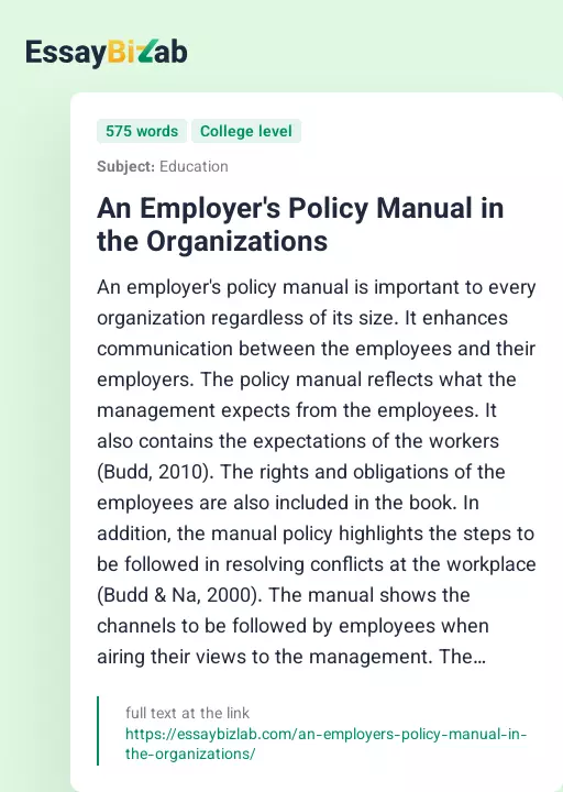 An Employer's Policy Manual in the Organizations - Essay Preview