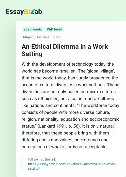 An Ethical Dilemma in a Work Setting - Essay Preview