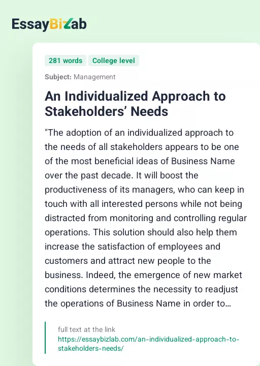 An Individualized Approach to Stakeholders’ Needs - Essay Preview