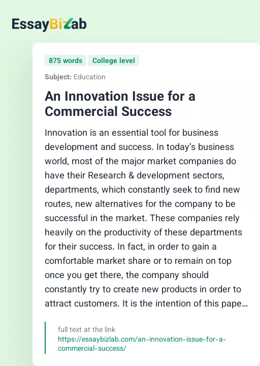 An Innovation Issue for a Commercial Success - Essay Preview
