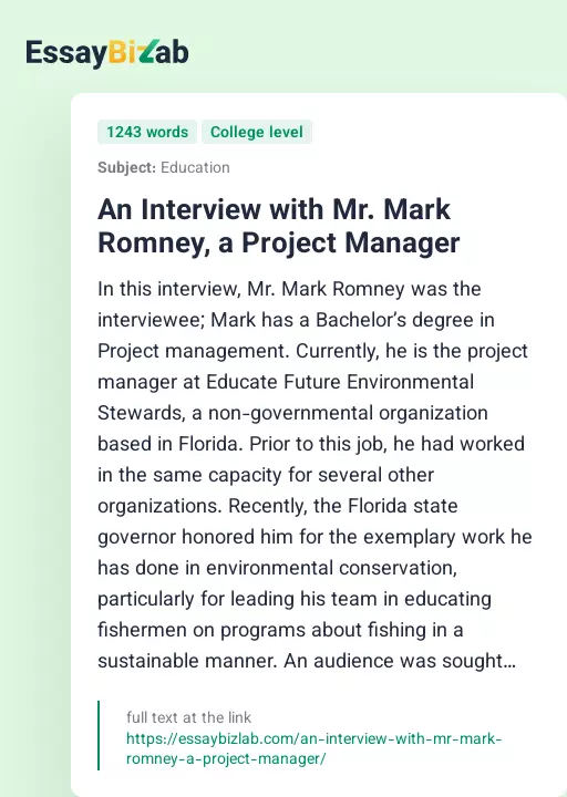 An Interview with Mr. Mark Romney, a Project Manager - Essay Preview