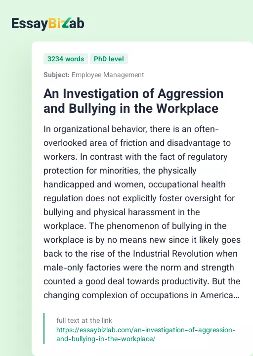 An Investigation of Aggression and Bullying in the Workplace - Essay Preview