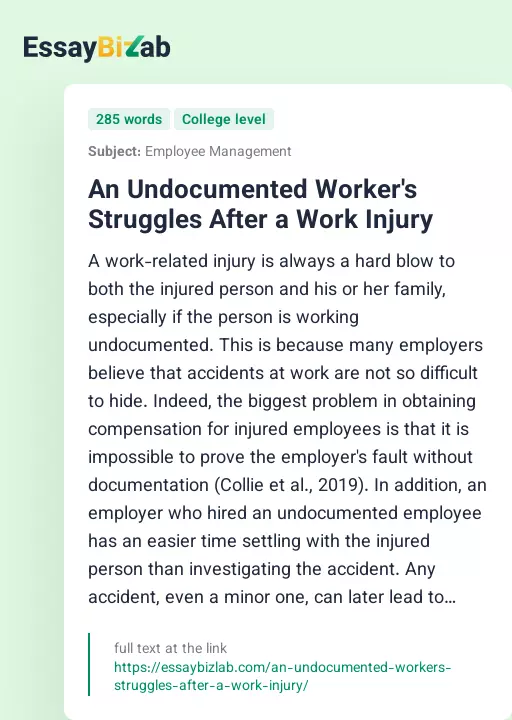 An Undocumented Worker's Struggles After a Work Injury - Essay Preview
