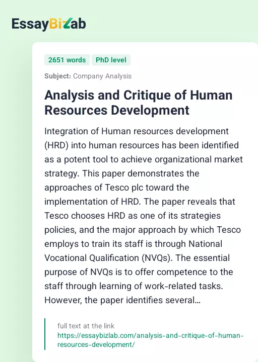 Analysis and Critique of Human Resources Development - Essay Preview